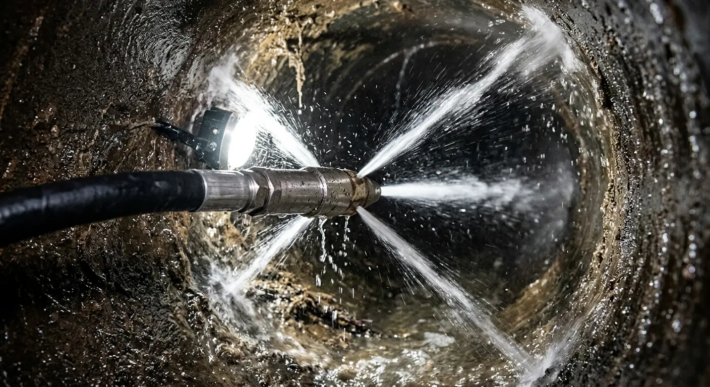 High-pressure hydro jetting nozzle cleaning sewer pipe for Storm Drain Cleaning in Kilgore