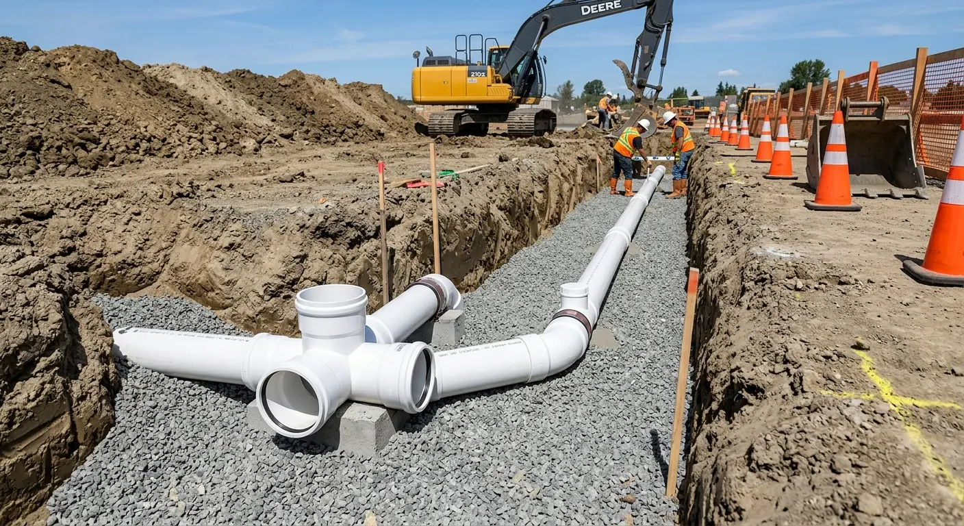 New PVC sewer pipe installation in open trench for Sewer Backup in Kilgore