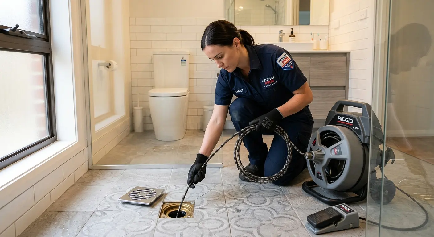 Technician clearing a bathroom floor drain for Drain Cleaning in Kilgore